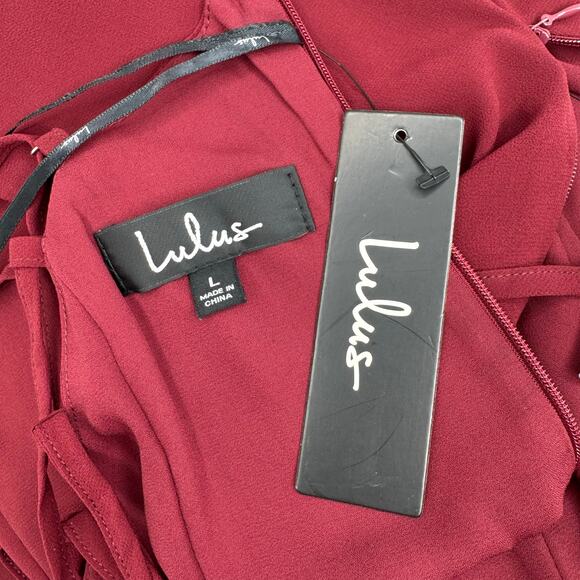 NWT Lulus Ada Lace-Up Maxi Dress Size L Burgundy Babydoll Asymmetric Ruffle Hem - Picture 13 of 16